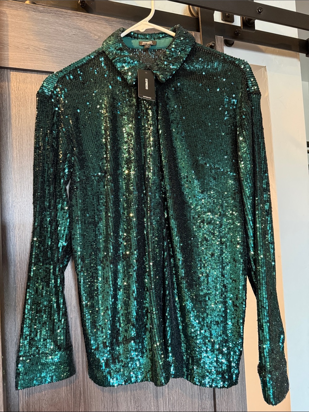 Express Small Green Sequin Button-Up Shirt - Sparkling Top